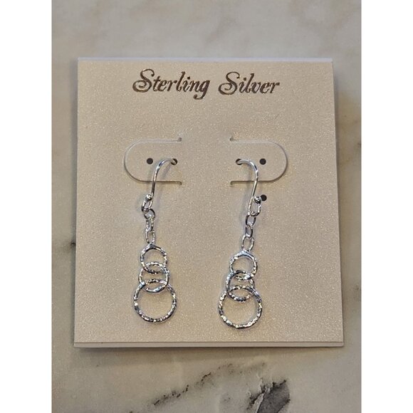 Sterling Silver Dangle Earrings With Hammered Triple Circle Design - Picture 1 of 4